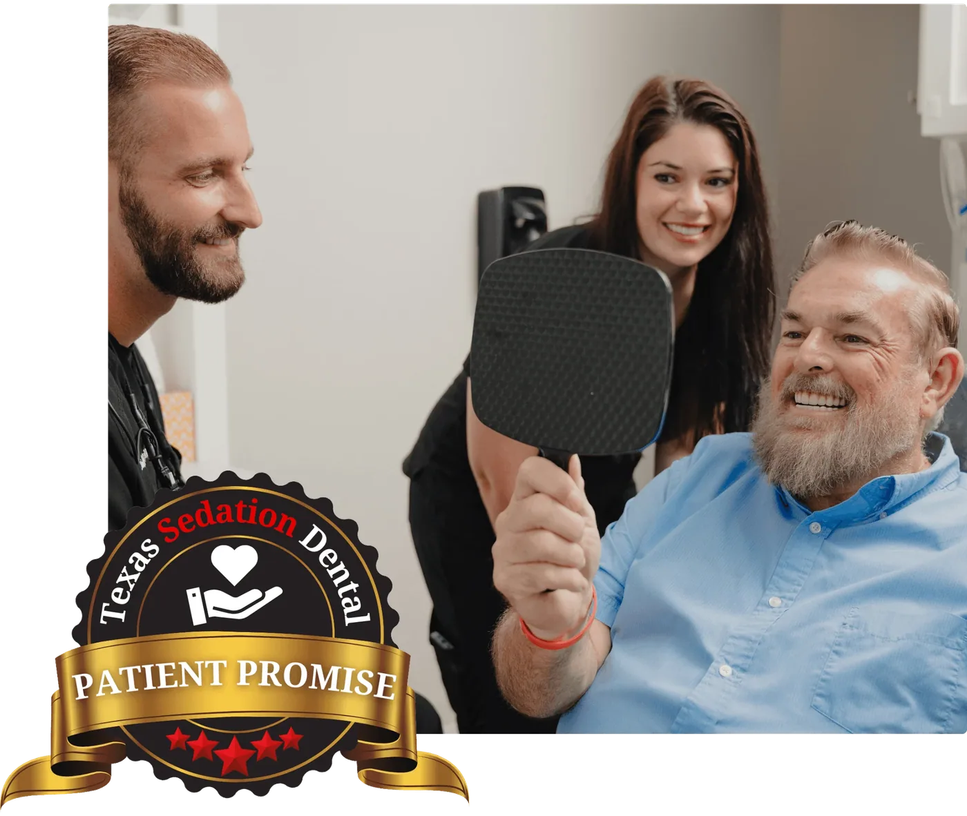 Patient enjoying their new smile with assistant